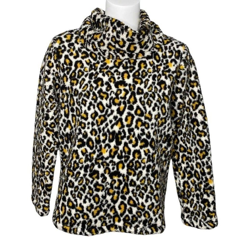 Style & Co Petite Cowl Neck Sweater XS‎ Women's White Black Leopard Faux-Sherpa